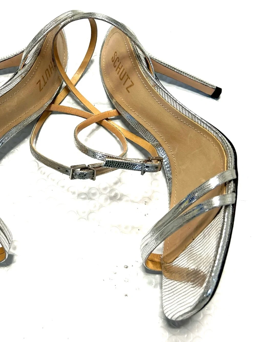 SCHUTZ Silver Metallic Straps Sandals Square Toe Stiletto Heels 3.5-4 Sz 8.5